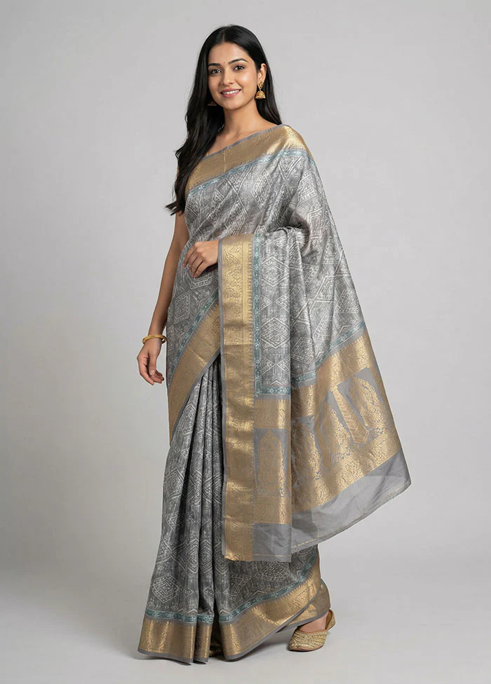 Grey Dupion Silk Saree With Blouse Piece