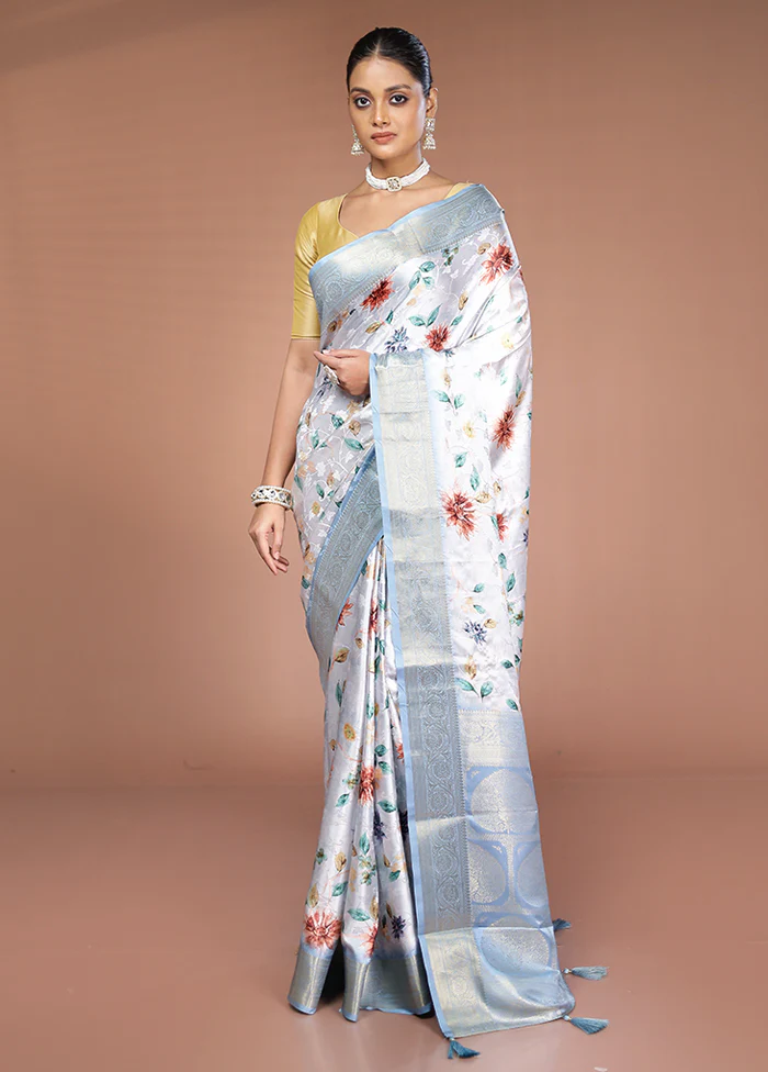Grey Dupion Silk Saree With Blouse Piece - Image 2