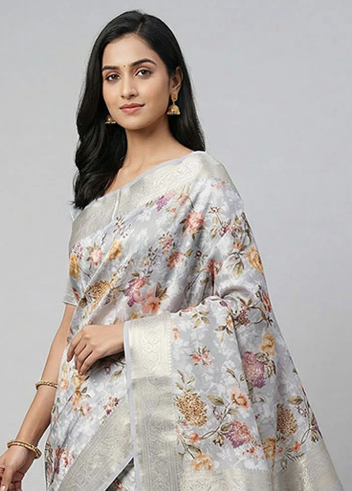 Grey Dupion Silk Saree With Blouse Piece - Image 2