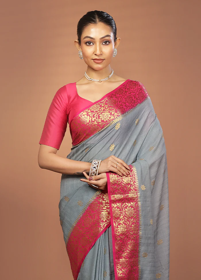 Grey Dupion Silk Saree With Blouse Piece
