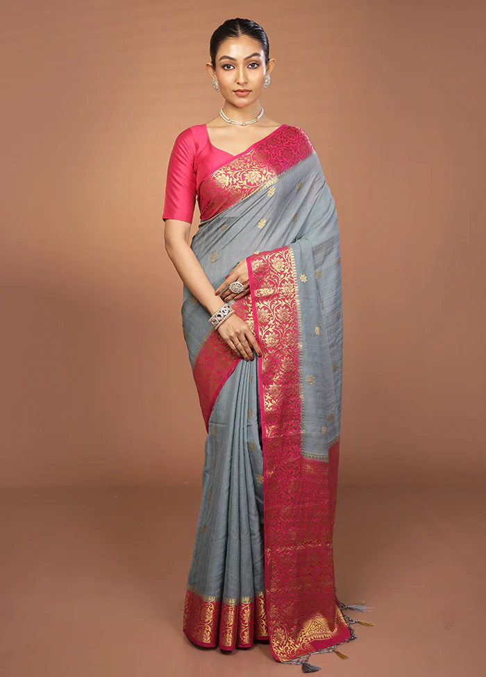 Grey Dupion Silk Saree With Blouse Piece - Image 2