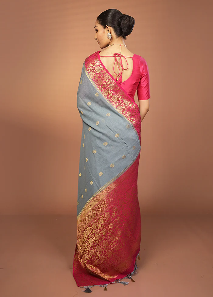 Grey Dupion Silk Saree With Blouse Piece - Image 3