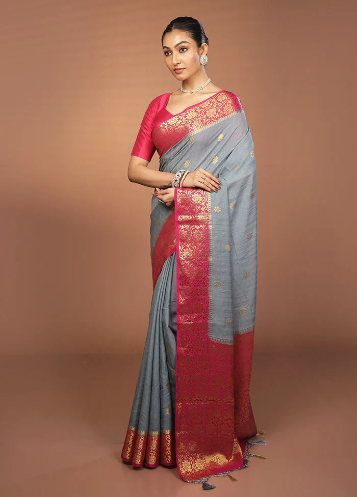Grey Dupion Silk Saree With Blouse Piece - Image 4
