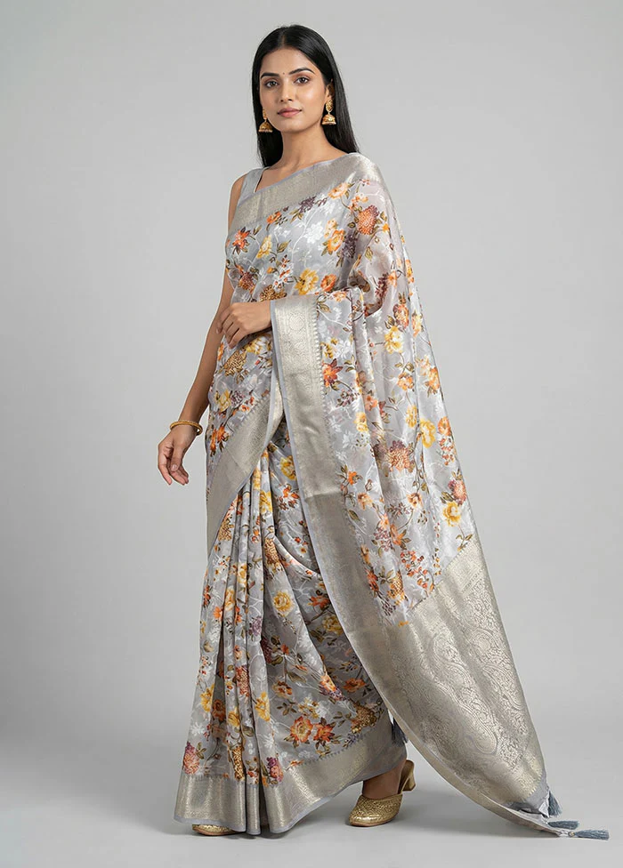 Grey Dupion Silk Saree With Blouse Piece