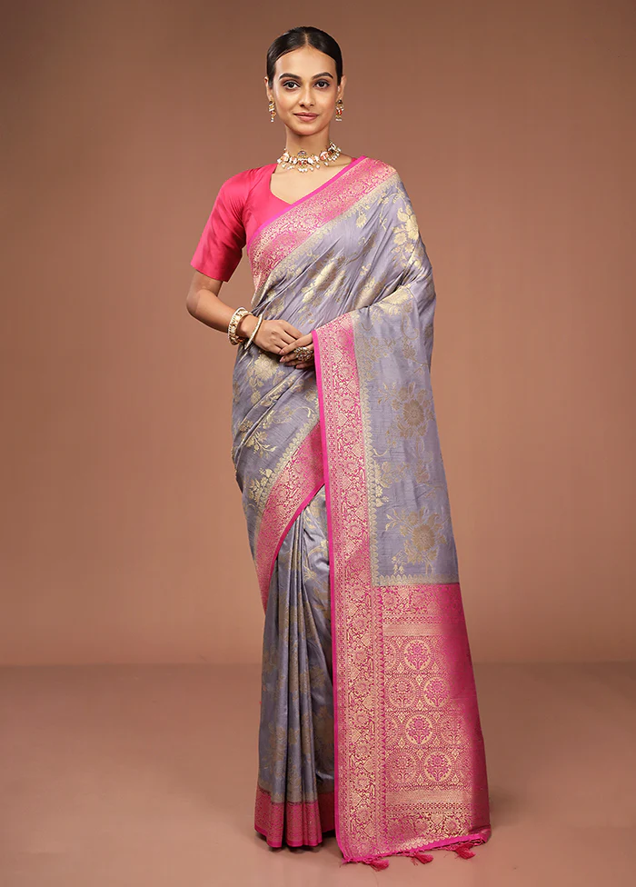 Grey Dupion Silk Saree With Blouse Piece - Image 2