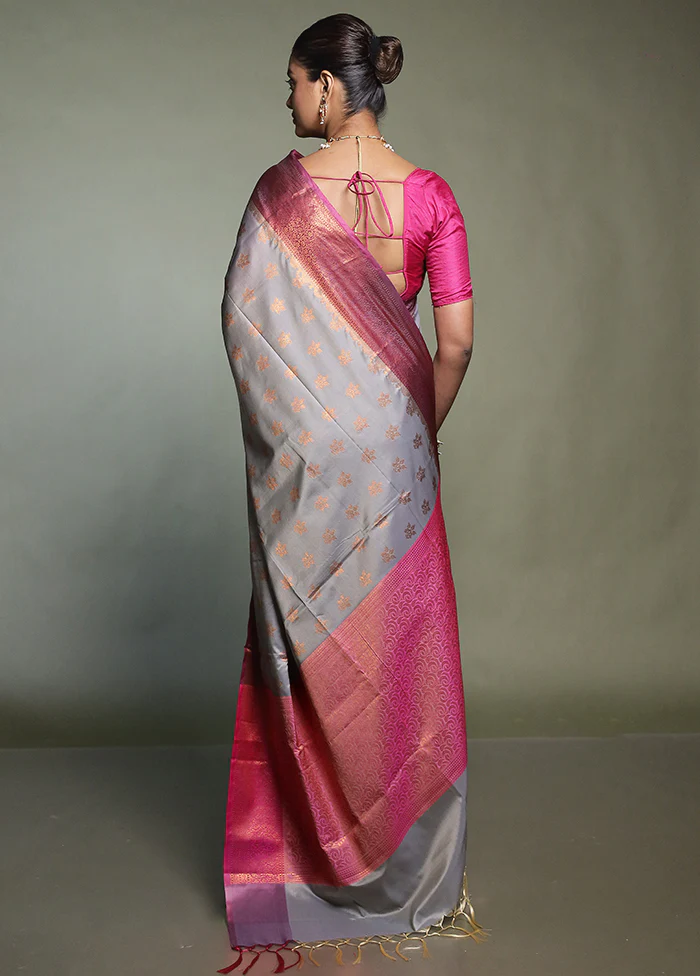 Grey Dupion Silk Saree With Blouse Piece - Image 3