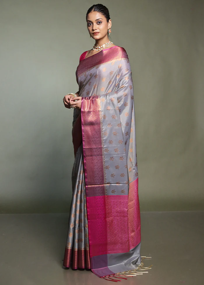 Grey Dupion Silk Saree With Blouse Piece - Image 4