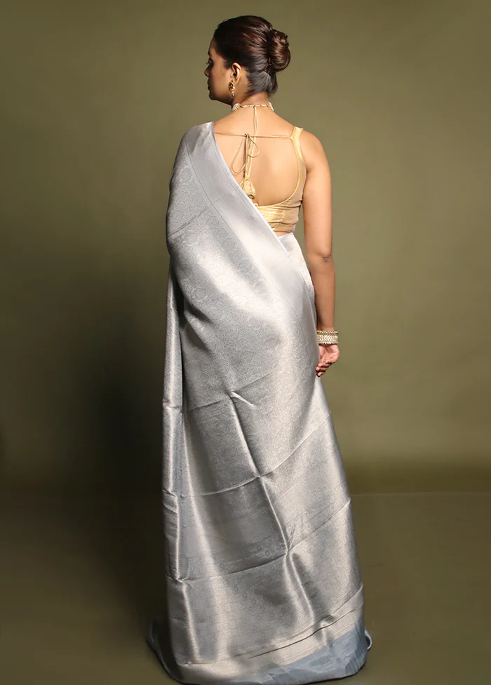 Grey Dupion Silk Saree With Blouse Piece - Image 3