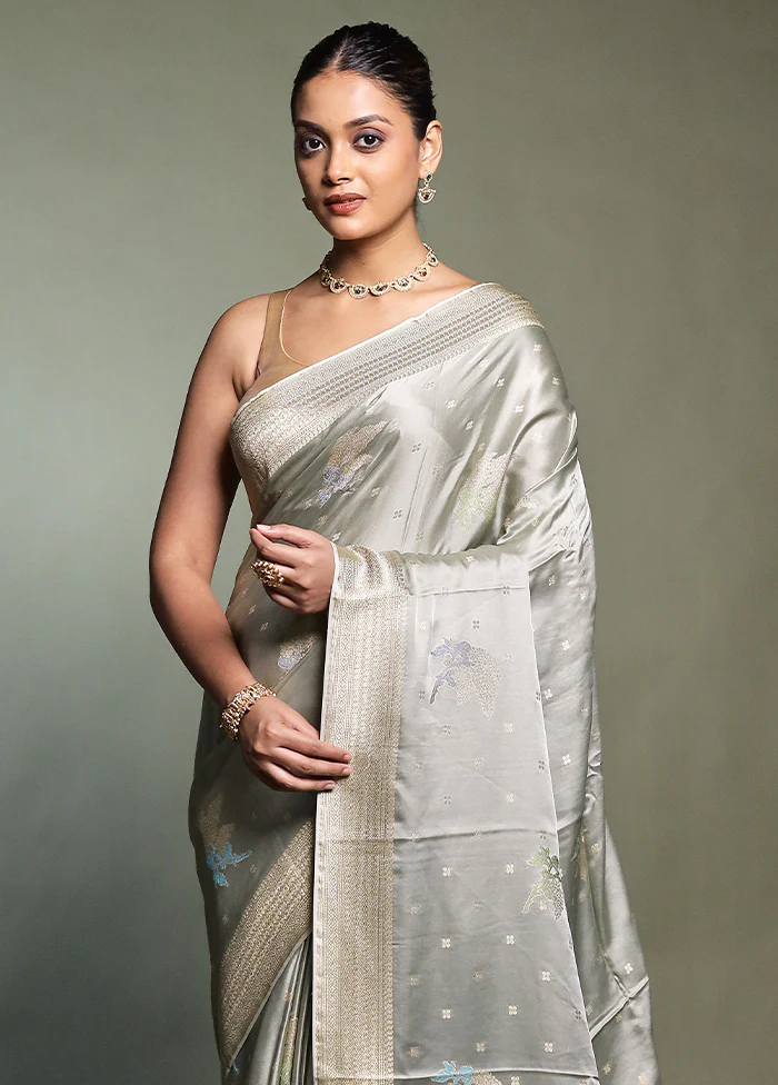 Grey Dupion Silk Saree With Blouse Piece