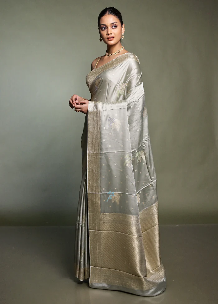 Grey Dupion Silk Saree With Blouse Piece - Image 4