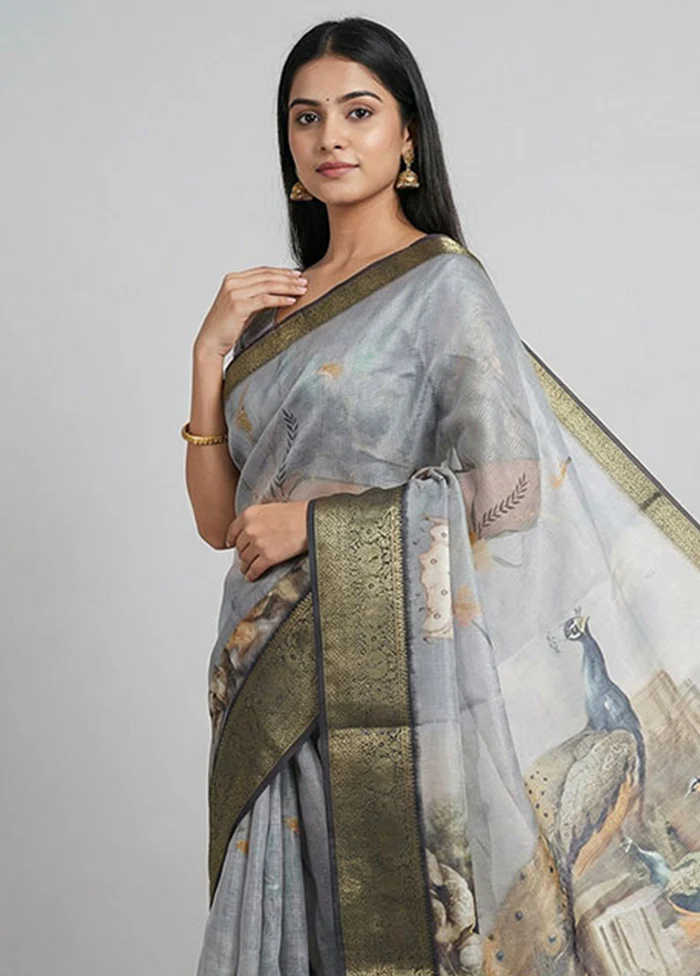Grey Dupion Silk Saree With Blouse Piece - Image 2