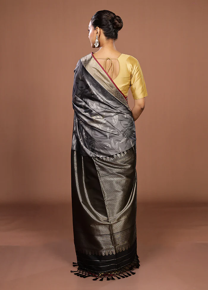 Grey Dupion Silk Saree With Blouse Piece - Image 3