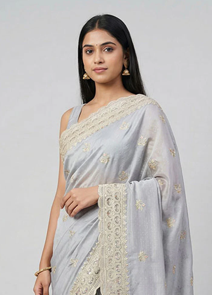 Grey Dupion Silk Saree With Blouse Piece - Image 2