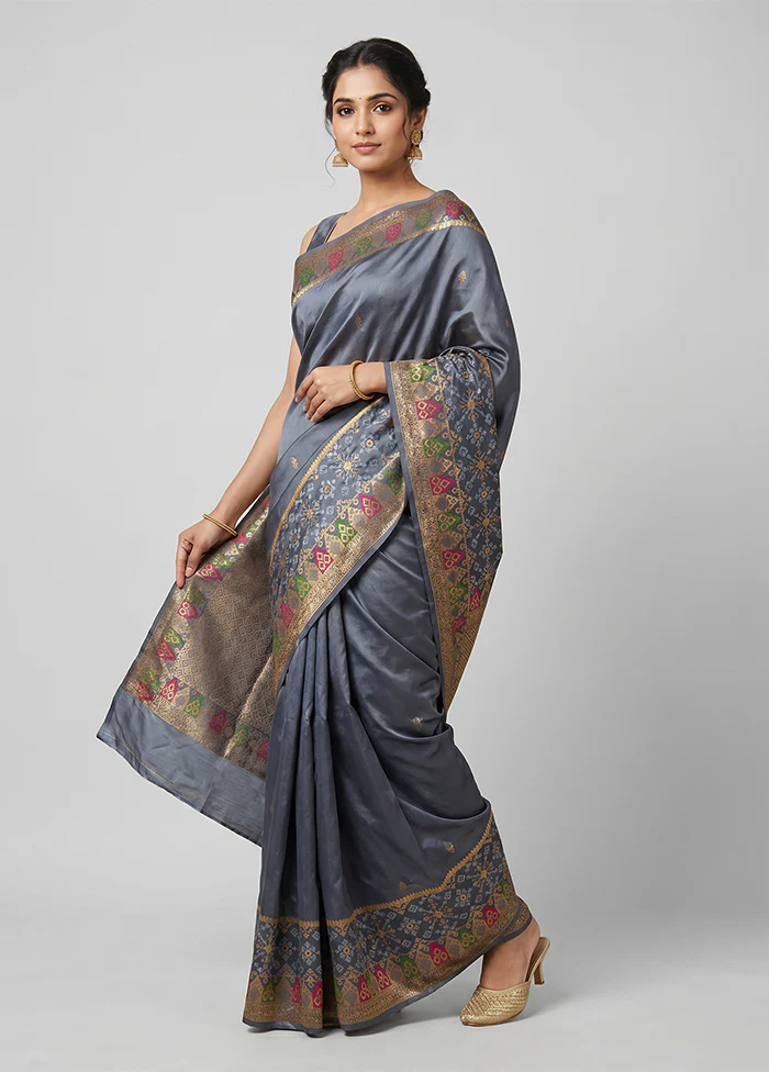 Grey Dupion Silk Saree With Blouse Piece
