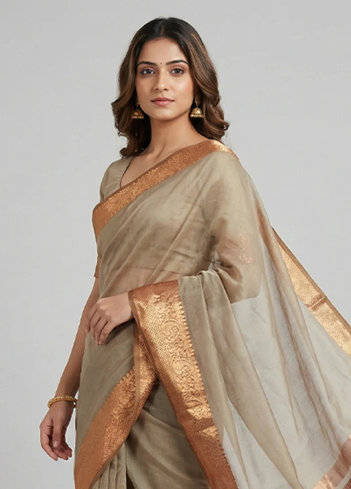 Grey Dupion Silk Saree With Blouse Piece - Image 2