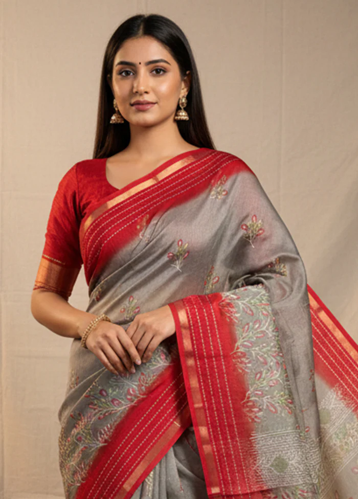 Grey Dupion Silk Saree With Blouse Piece - Image 2