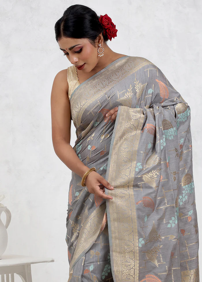 Grey Dupion Silk Saree With Blouse Piece