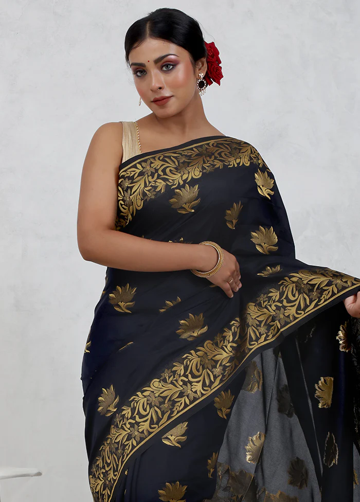 Black Dupion Silk Saree With Blouse Piece
