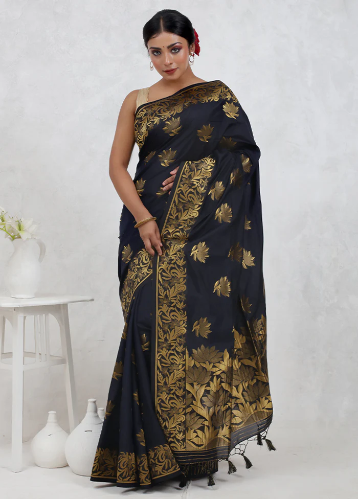 Black Dupion Silk Saree With Blouse Piece - Image 2
