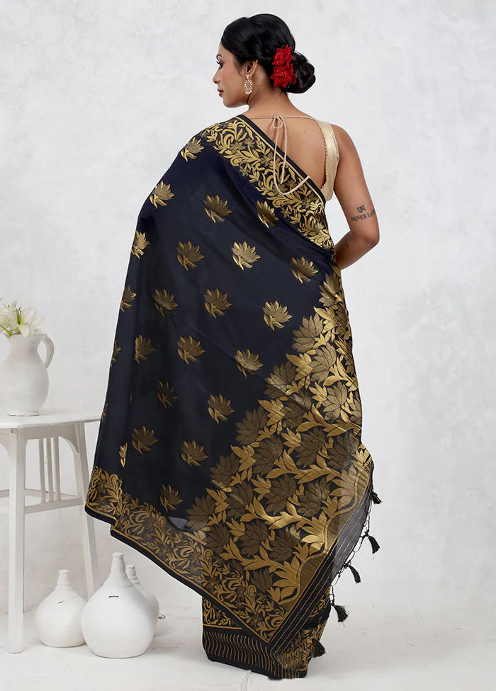 Black Dupion Silk Saree With Blouse Piece - Image 3