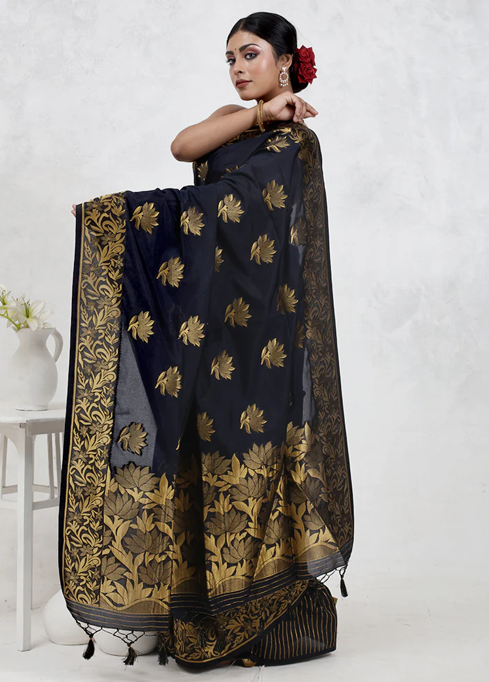 Black Dupion Silk Saree With Blouse Piece - Image 4