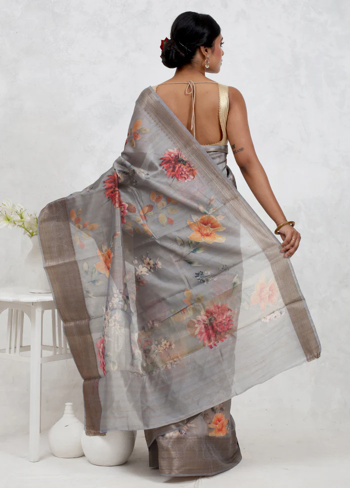 Grey Dupion Silk Saree With Blouse Piece - Image 3