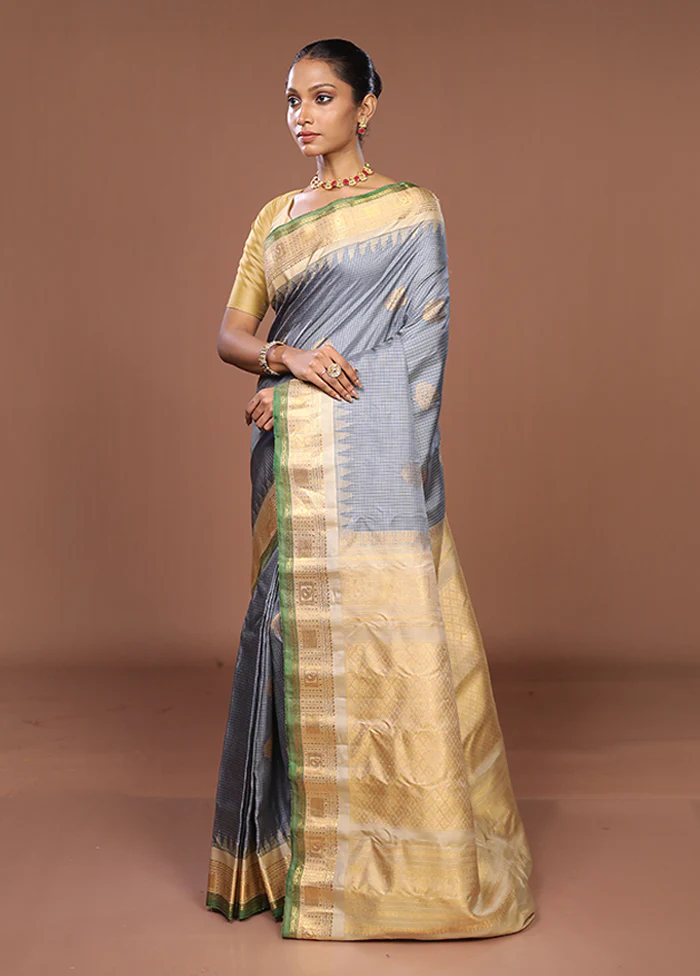 Grey Gadwal Pure Silk Saree Without Blouse Piece - Image 4