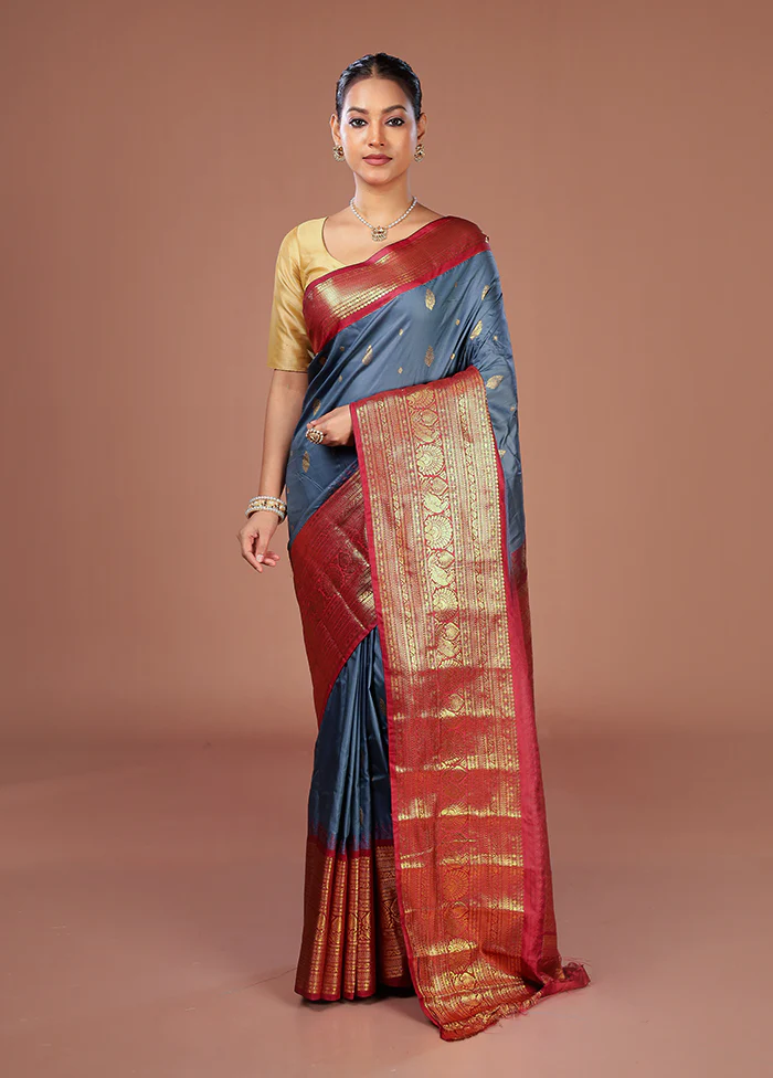 Grey Gadwal Silk Saree Without Blouse Piece - Image 2