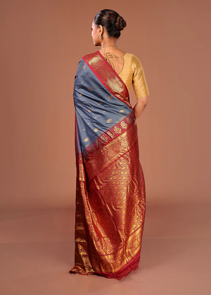 Grey Gadwal Silk Saree Without Blouse Piece - Image 3