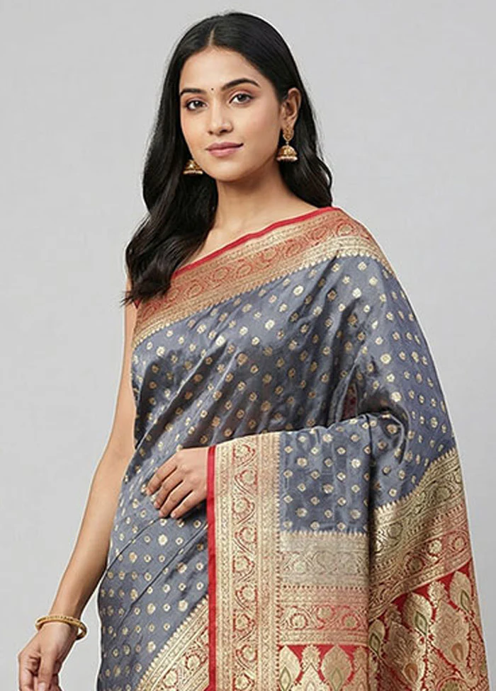 Grey Handloom Banarasi Pure Silk Saree With Blouse Piece - Image 2