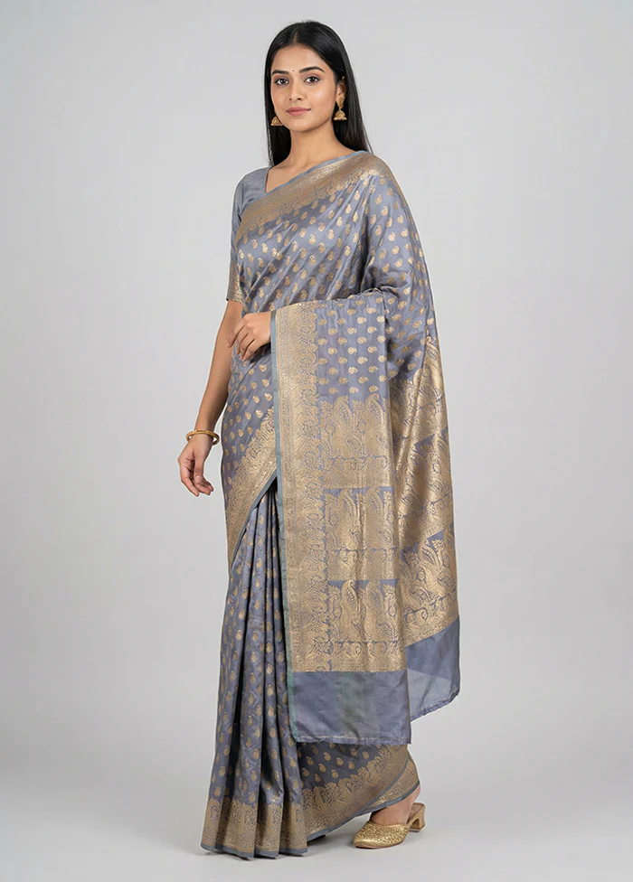 Grey Handloom Banarasi Pure Silk Saree With Blouse Piece
