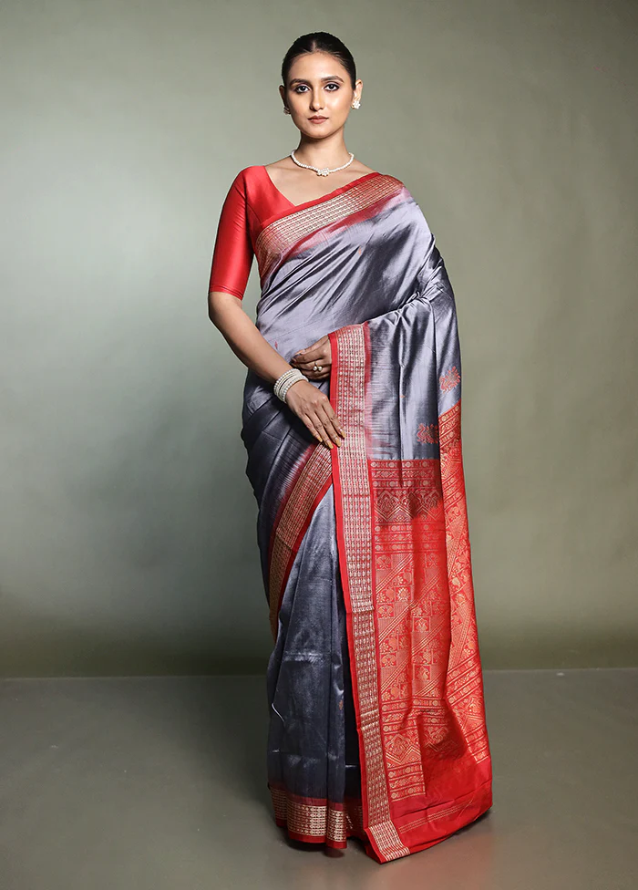 Grey Handloom Bomkai Pure Silk Saree With Blouse Piece - Image 2