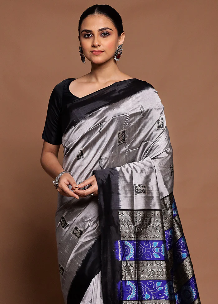 Grey Handloom Bomkai Pure Silk Saree With Blouse Piece - Image 2