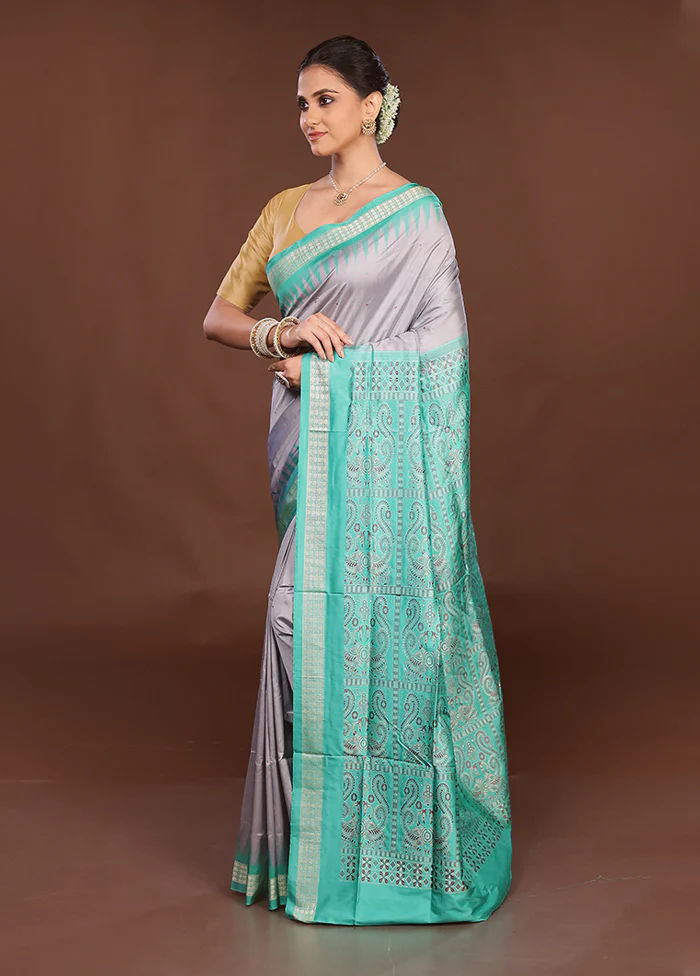 Grey Handloom Bomkai Pure Silk Saree With Blouse Piece - Image 4