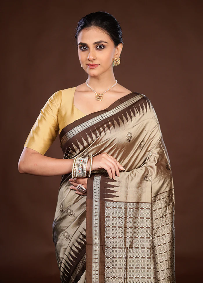 Grey Handloom Bomkai Pure Silk Saree With Blouse Piece