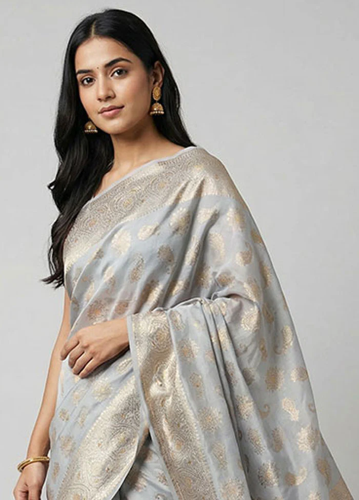 Grey Handloom Dupion Pure Silk Saree With Blouse Piece - Image 2