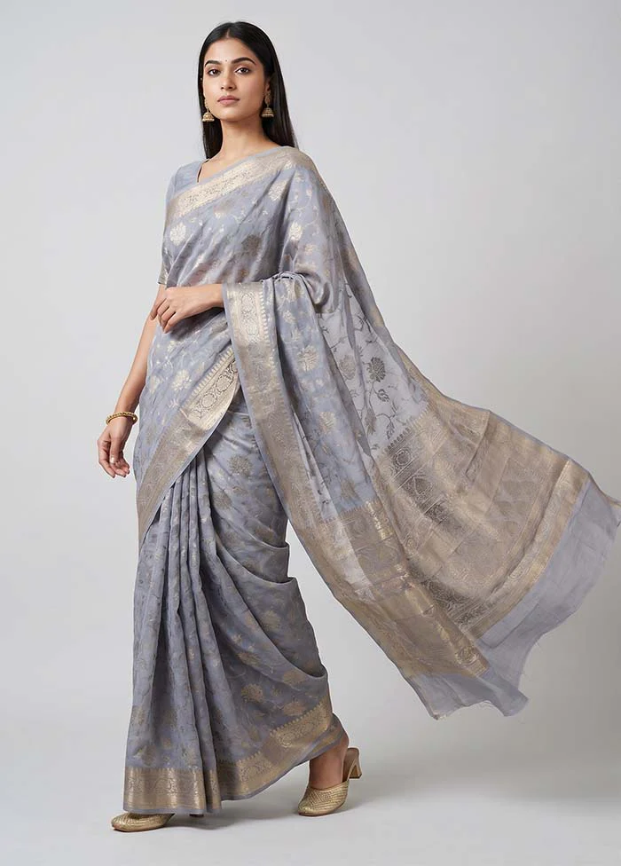 Grey Handloom Dupion Pure Silk Saree With Blouse Piece