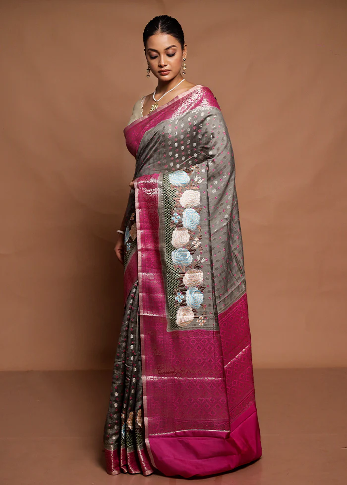 Grey Handloom Dupion Pure Silk Saree With Blouse Piece - Image 4
