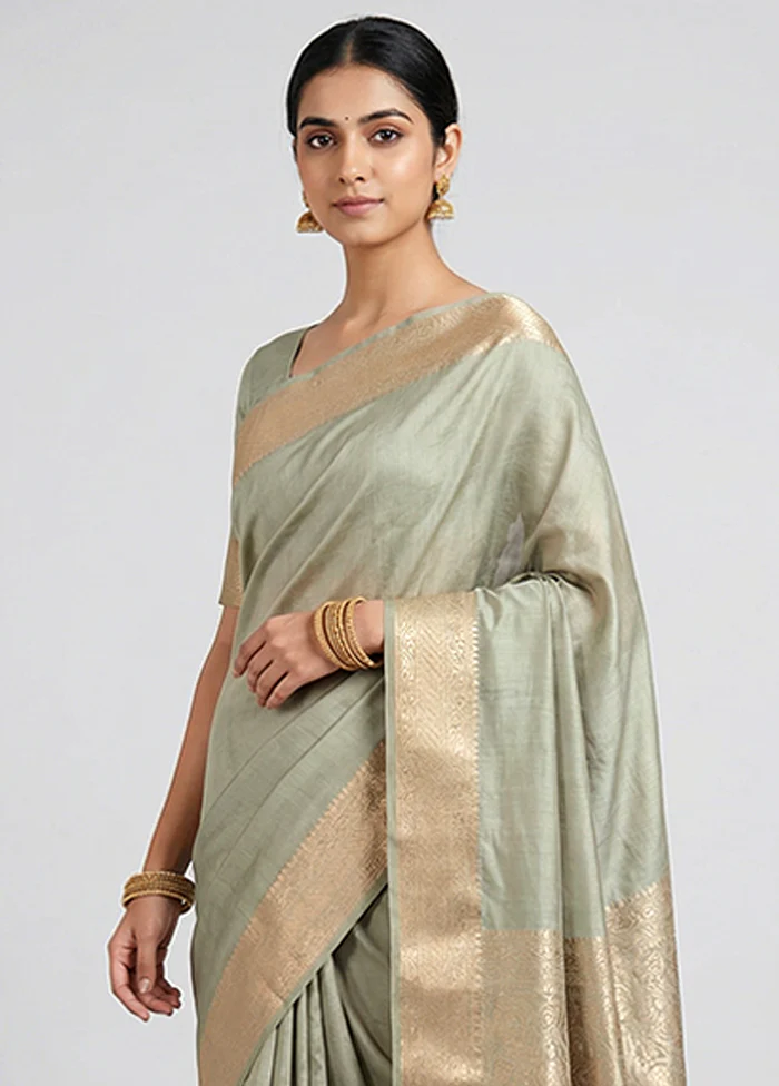 Grey Handloom Dupion Pure Silk Saree With Blouse Piece - Image 2