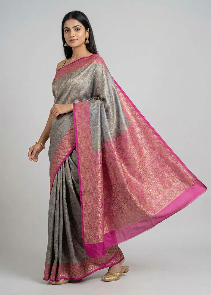Grey Handloom Jamewar Pure Silk Saree With Blouse Piece
