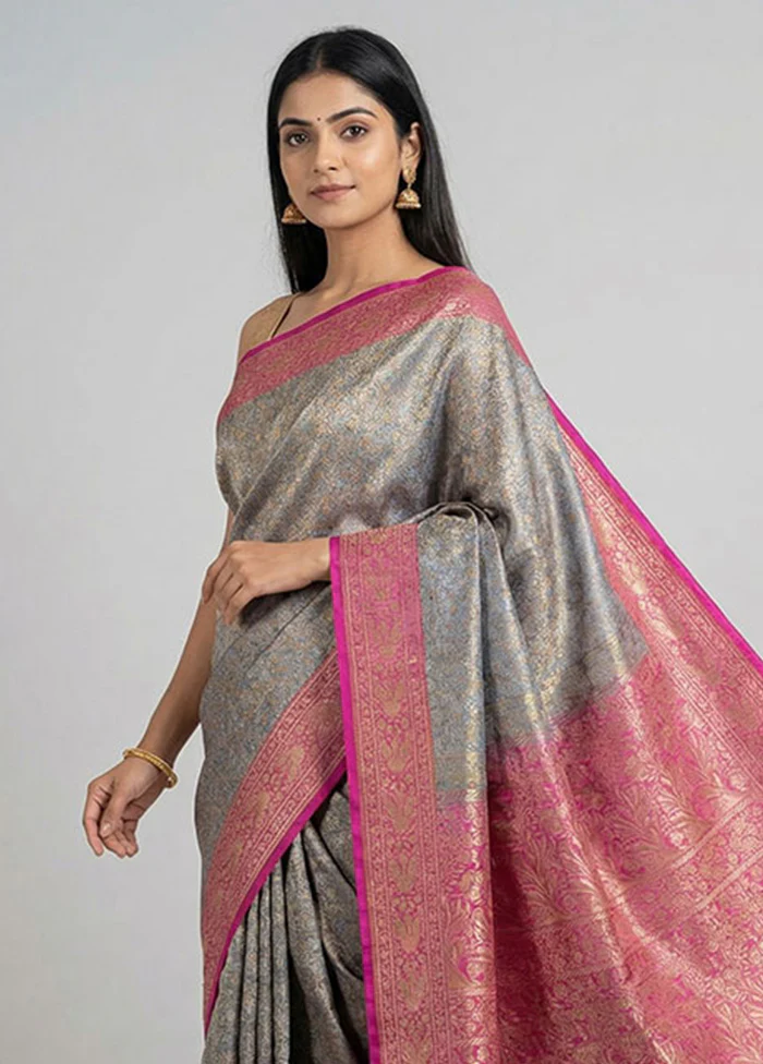 Grey Handloom Jamewar Pure Silk Saree With Blouse Piece - Image 2