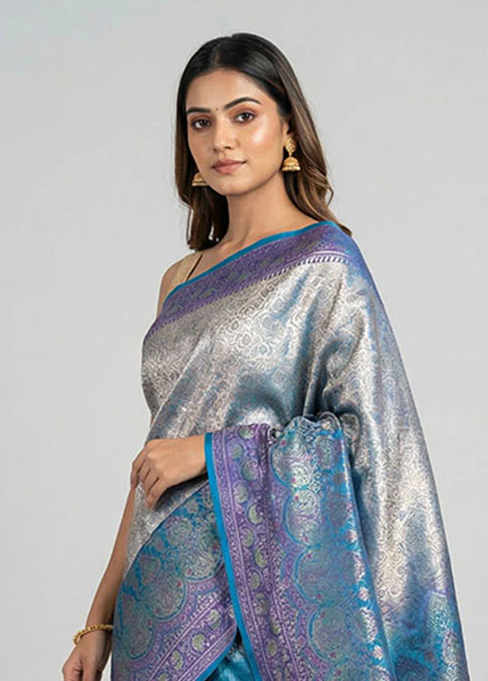 Grey Handloom Jamewar Pure Silk Saree With Blouse Piece - Image 2