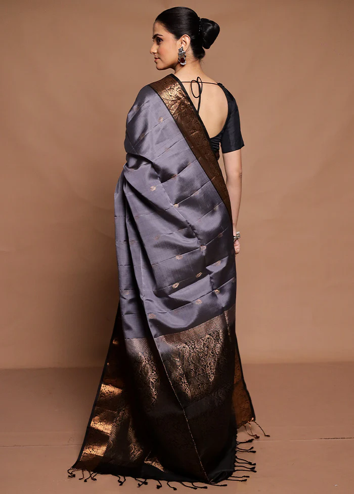Grey Handloom Kanchipuram Pure Silk Saree With Blouse Piece - Image 3