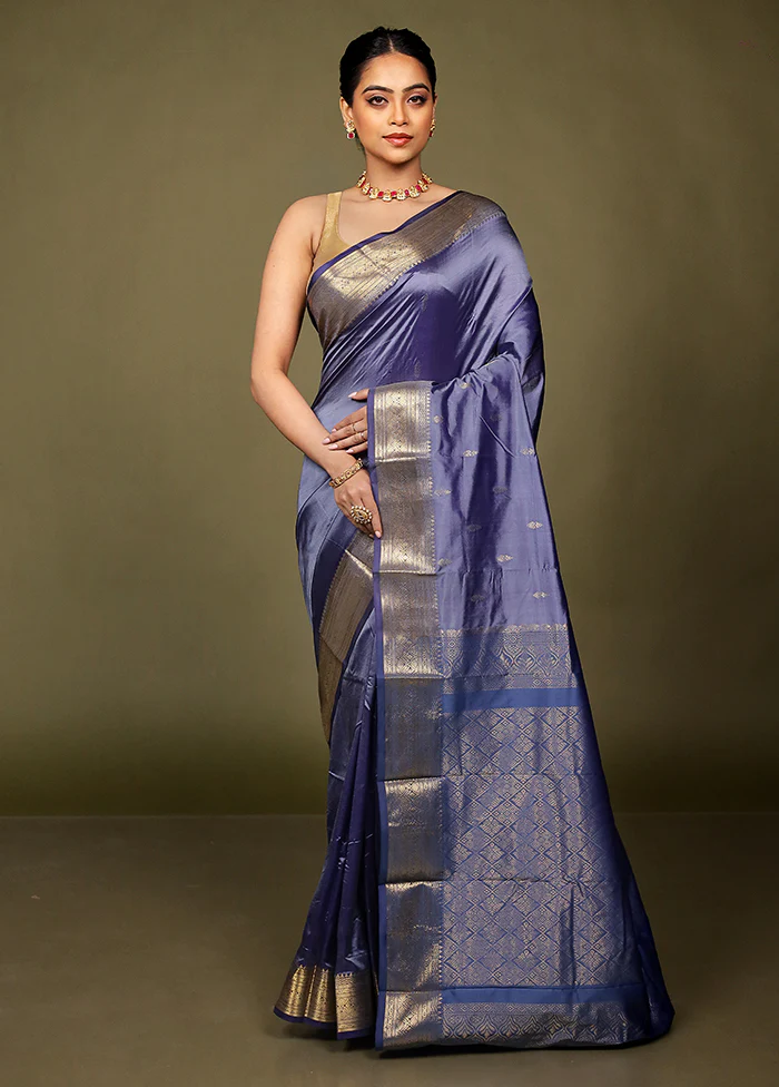 Purple Handloom Kanjivaram Pure Silk Saree With Blouse Piece - Image 2