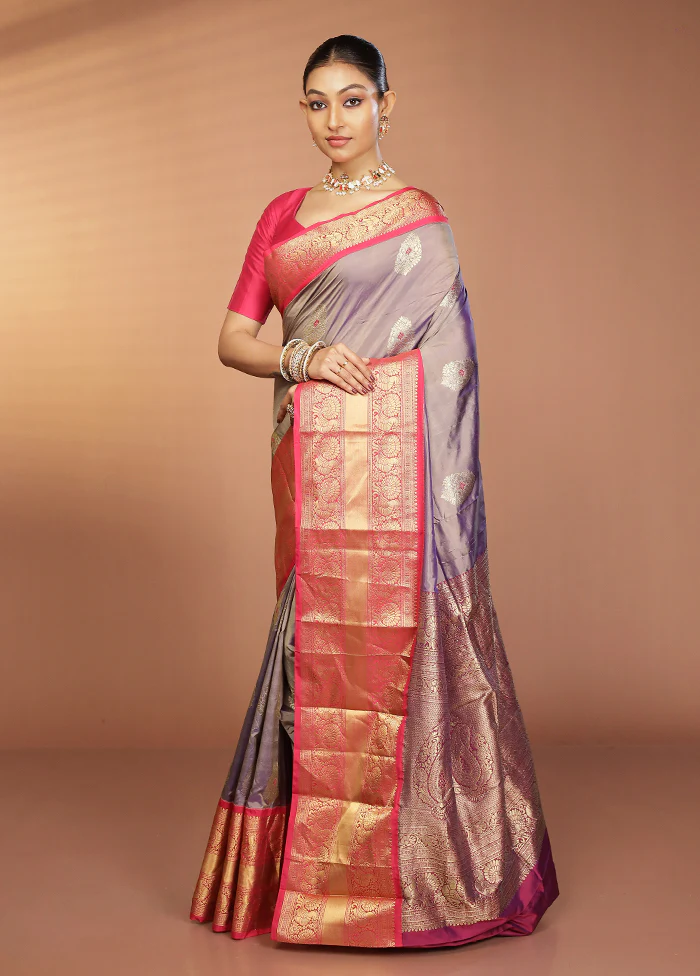Grey Handloom Kanjivaram Pure Silk Saree With Blouse Piece - Image 4