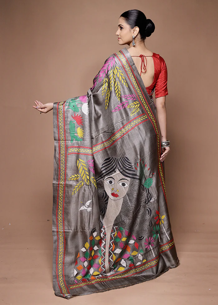 Grey Handloom Kantha Stitch Pure Silk Saree With Blouse Piece - Image 3