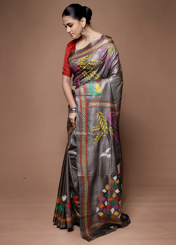 Grey Handloom Kantha Stitch Pure Silk Saree With Blouse Piece - Image 4