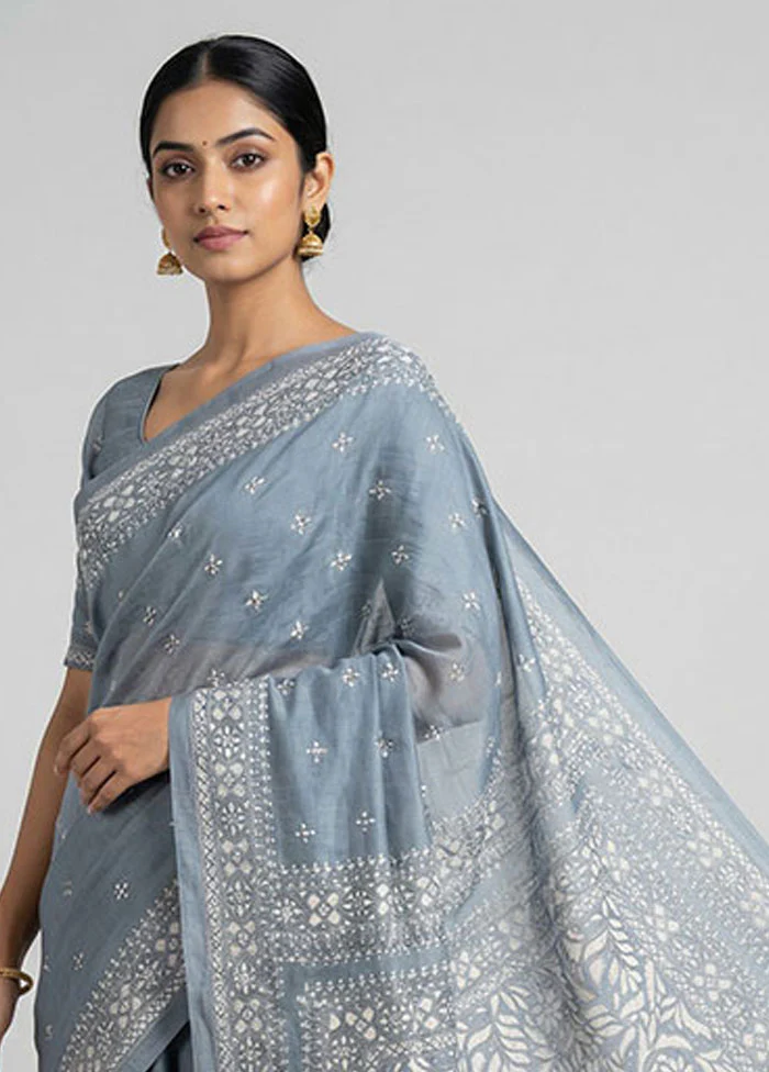 Grey Handloom Kantha Stitch Pure Silk Saree With Blouse Piece - Image 2