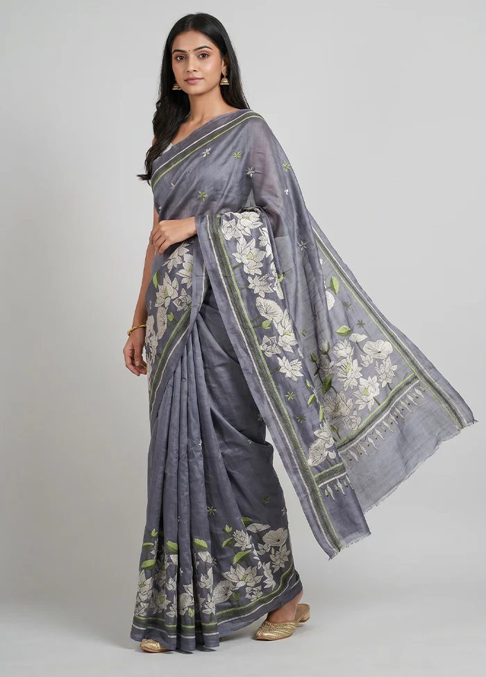 Grey Handloom Kantha Stitch Pure Silk Saree With Blouse Piece