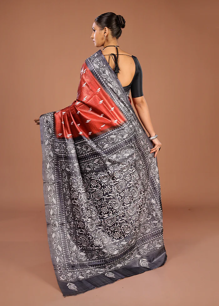 Brown Handloom Kantha Stitch Pure Silk Saree With Blouse Piece - Image 3